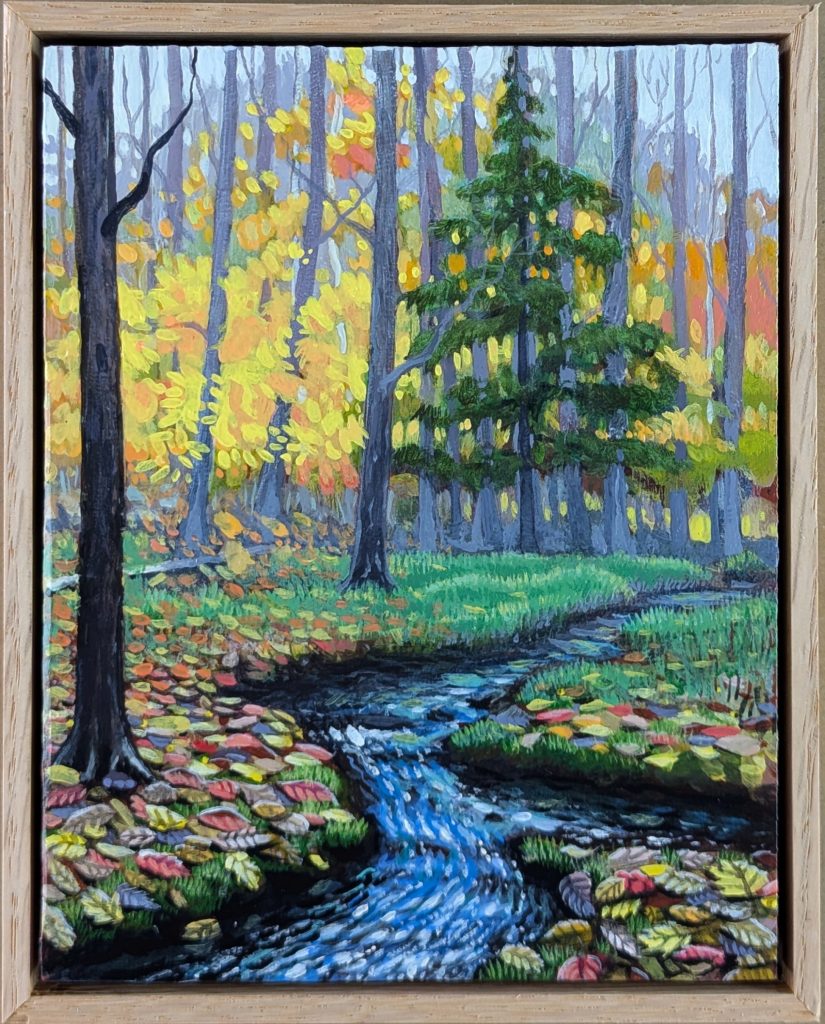 Poestenkill community forest — acrylic painting on wood panel, 6.125×7.75 inches, The bike trail by the entrance, Poestenkill