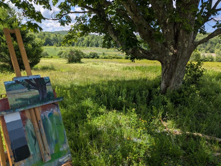 Grafton Tree — acrylic painting on wood panel, 10×6 inches, The pull off on the south side of the road right by the Grafton lake State Park entrance, Grafton, NY