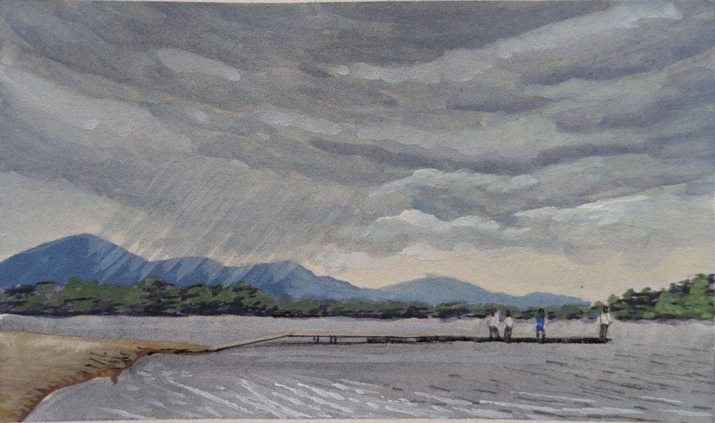 Lake Placid Beach — gouache painting on paper, 6×4 inches, Public Beach on Mirror Lake, Lake Placid, NY