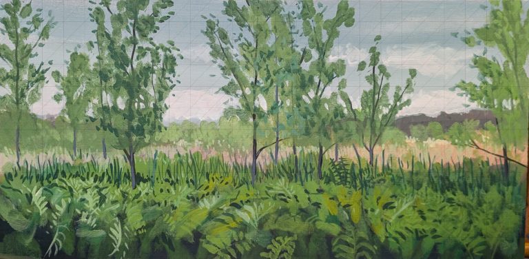 Wetlands — acrylic painting on wood panel, 16×8 inches, Behind the highschool baseball fields, Averill Park, ny