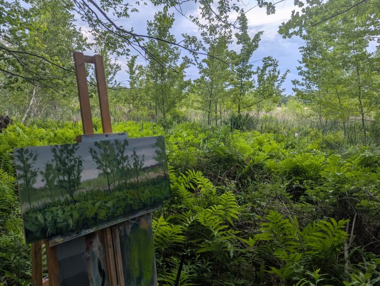 Wetlands — acrylic painting on wood panel, 16×8 inches, Behind the highschool baseball fields, Averill Park, ny