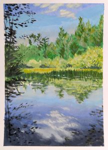 Cotton Valley Rail Trail — gouache painting on paper, 6×8 inches, Rail Trail, Wolfeboro, NH
