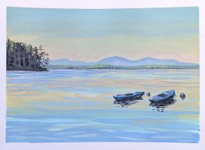 Morning on Lake Wentworth — gouache painting on paper, 8×6 inches, By the State Park Beach, Wolfeboro, NH