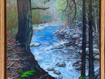 creek trail — acrylic painting on wood panel, 6.125×8.5 inches