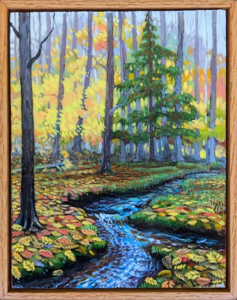 Poestenkill community forest — acrylic painting on wood panel, 6.125×7.75 inches, The bike trail by the entrance, Poestenkill